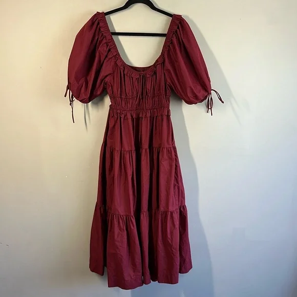En Saison Maroon Puff Sleeve Tiered Cotton Midi Dress M Cottagecore Milkmaid - Picture 5 of 16